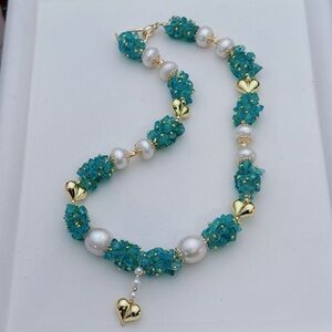 X805 Handmade Freshwater Baroque Pearl Amazonite Flower Blossom Necklace